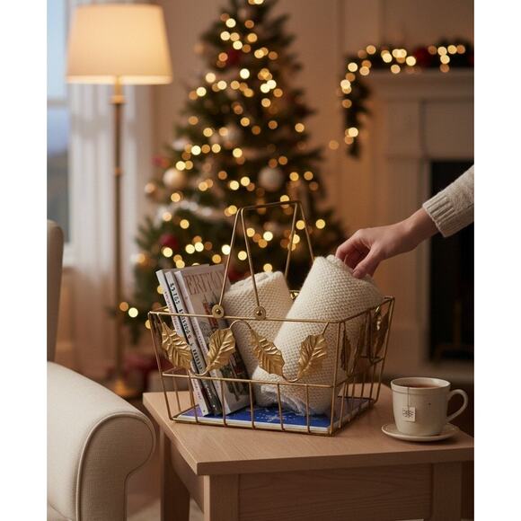 💙❄️Metal Square Basket Gold Holly Leaves & Blue Snowflake Tile Insert - Picture 2 of 12